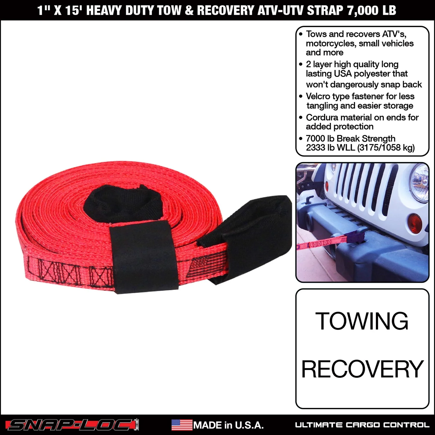 1 in x 15 ft Heavy Duty Tow Recovery Strap 7,000 lb - Image 3